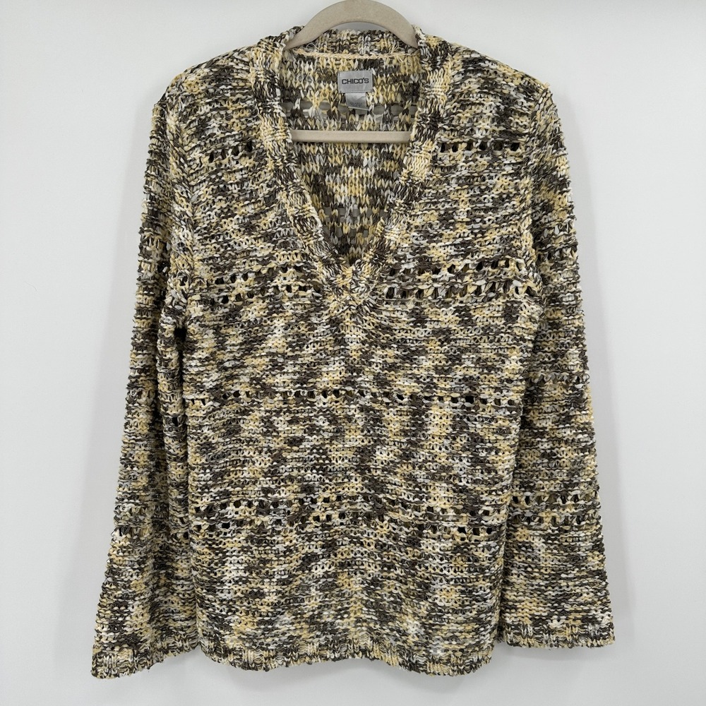 Chico's Knit Sweater V Neck Long‎ Sleeve Open Weave Multi Color Women's Size 2